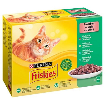 Friskies pro kočky Multipack ve šťávě 12x85g hovězí, kuře, tuňák, treska