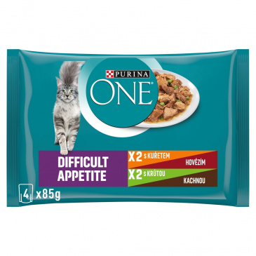 PURINA ONE Difficult Appetite Mini filetky s kuřetem, hovězím a zelenými fazolkami ve šťávě 4 x 85g