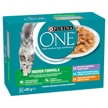 PURINA ONE INDOOR Mini filetky s telecím a mrkví, s kuřetem a mrkví, s tuňákem a fazolkami 12 x 85g ve šťávě