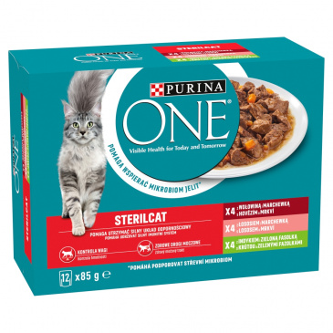 PURINA ONE STERILCAT Mini filetky s lososem a mrkví s krůtou a fazolkami s hovězím a mrkví 12 x 85g ve šťávě