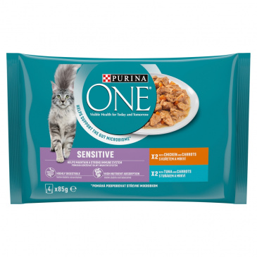 PURINA ONE SENSITIVE Mini filetky s kuřetem a mrkví ve šťávě, s tuňákem a mrkví ve šťávě 4 x 85g