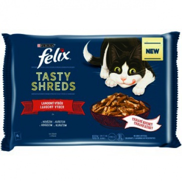 FELIX Fantastic TASTY SHREDS 4x80g, hovězí a kuře ve šťávě