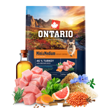 Ontario Mini & Medium Weight Control Turkey & Brown Rice 2,25kg