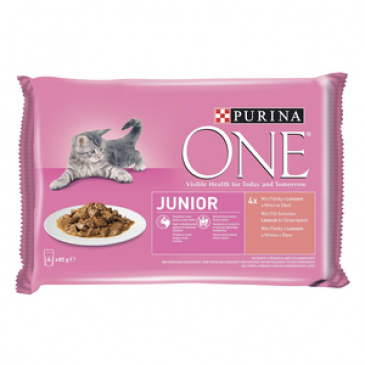 Purina ONE JUNIOR minifiletky losos a mrkev ve šťávě  4 x 85g