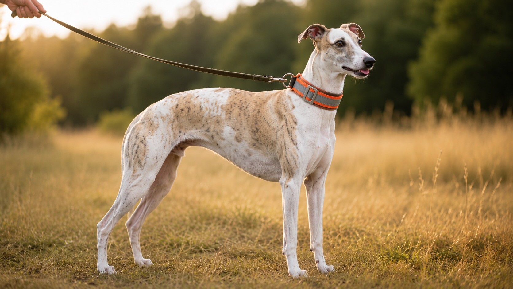 Whippet v polostahovacím obojku, krk širší než hlava